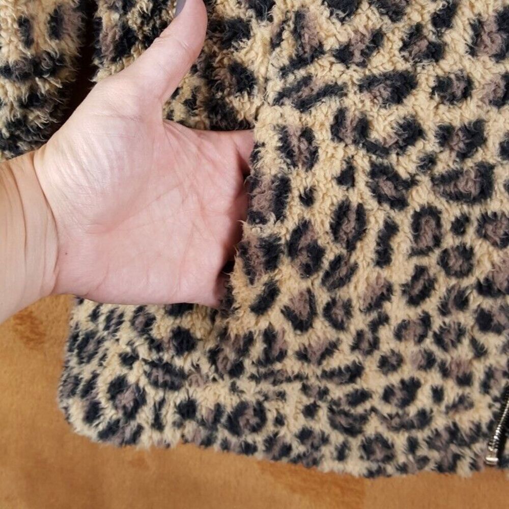 CALVIN KLEIN Womens Jacket Large Tan Leopard Zip Up Sherpa Plush Teddy Pockets - Picture 2 of 8